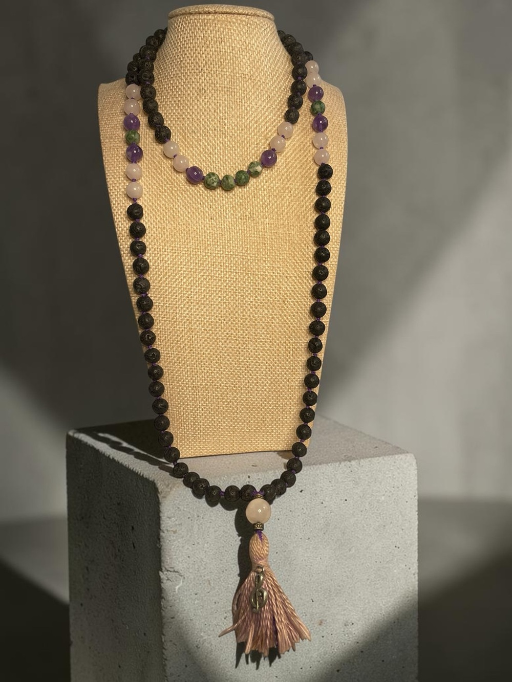 Lava Stone Rose Quartz Amethyst Green Zoisite Mala Prayer Necklace
